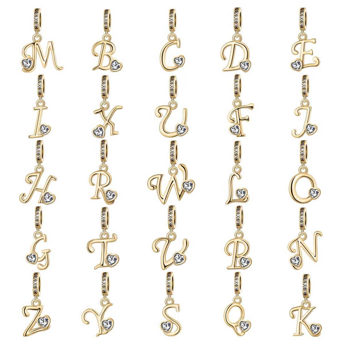 NEW Fine Bead 26 Letter Gold Heart Pendant Charm For Original European 925 Sterling Silver Bracelet Necklace For Women Jewelry XJ250607