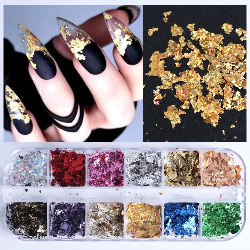 KISMIS 1 Box 12 Color Foils Gorgeous Nails Glitter Aluminum Flakes Chip Nail n Shiny Kismis Art Decoration 250605