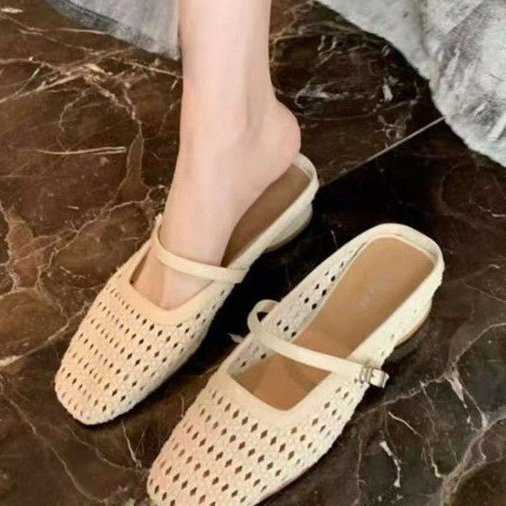 Stepping Clouds Square Toe Woven Chunky Heel Closed Toe Mary Jane Slippers For Women Outdoor Strap Genuine Leather Hollow Out Clogs