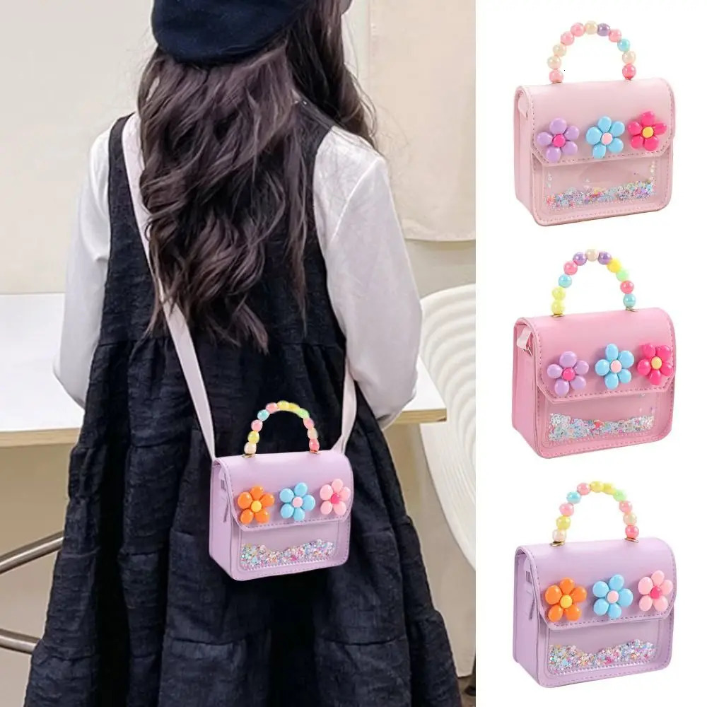 Cute Flowers Childrens Handbags Messenger Bag Sweet Girls Pearl Shiny Kids Shoulder Cartoon PU Leather Crossbody Bags 250605
