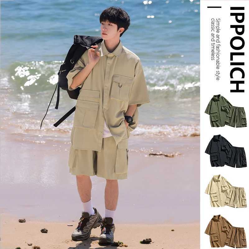 Summer Mens Shirt Set Casual Suit Cargo Short Sleeved Shirts Shorts Male Breathable Loose High Street Multiple Pockets 5XL W250609