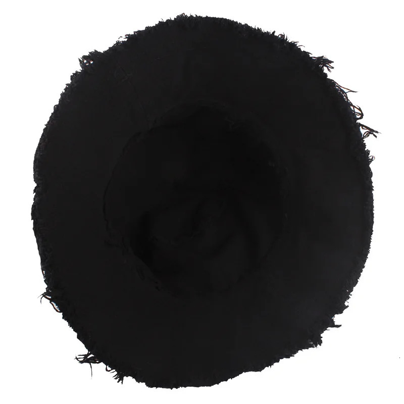 Custom Tassel Washed Denim Bucket Hat Cotton Plain Wide Brim Foldable Fishermans Hat Outdoor Beach Panama Cap 250605