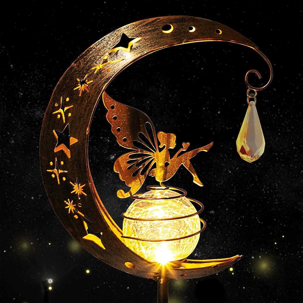 Solar Decoration Light Moon Fairy Lamp Outdoor Garden Crackle Glass Globe with Angel Pathway Stake Light Solar Ground Light XJ250606