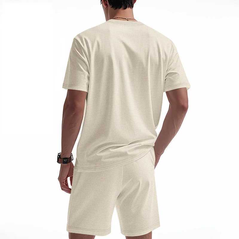 Summer American Waffle Round-Neck Mens Suit 2025 Loose Ins Style Simple Short Sleeve Top And Shorts Set for Casual Wear W250609