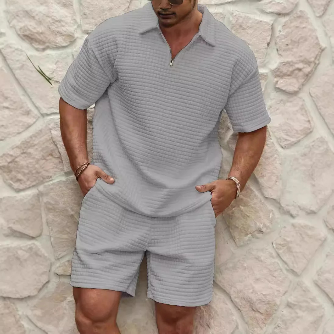 2025 Summer Mens Set Fashionable Style Simple Waffle Color Solid Color Collar Polo Shirt Short Sleeve Shorts Sports Set 250605