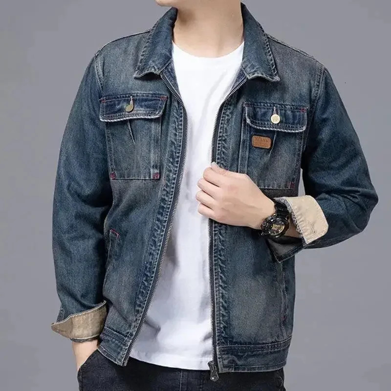 Male Jean Coats Biker Zip V Blue Autumn Pocket Mens Denim Jacket Motorcycle Vintage Aesthetic Casual Joker Outwear Japanese Y2k 250530