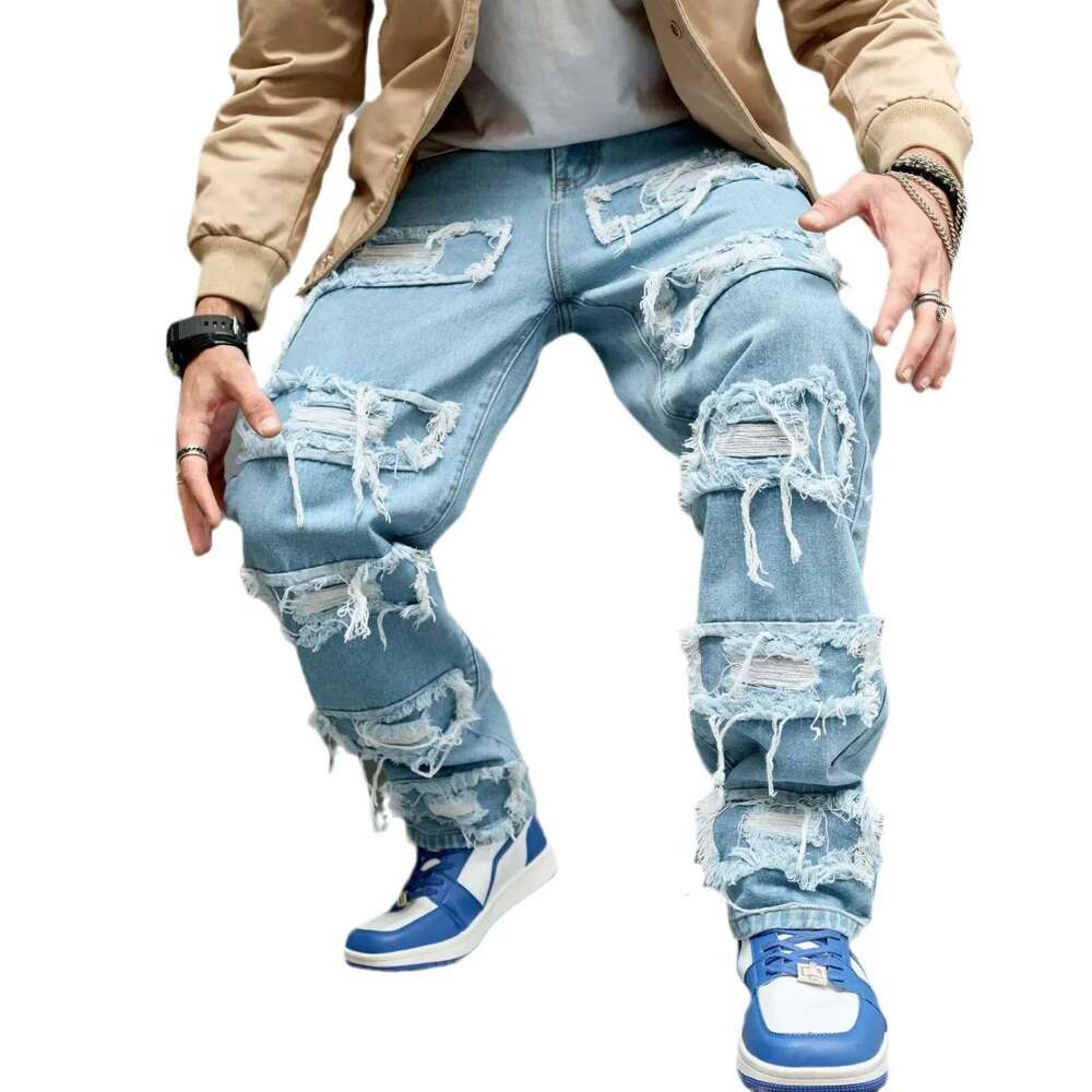 European and American Fashion Youth High Street Brand Bionic Jeans, Trendy Solid Color Slim-Fit Ripped Stretch Jeans