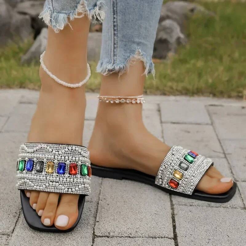 Ddmyoutdoor Women Flat Shiny Beach Sier Sandals Outdoor Slippers Designer Lightweight Slides Plus Size Shoes outdoor shoes