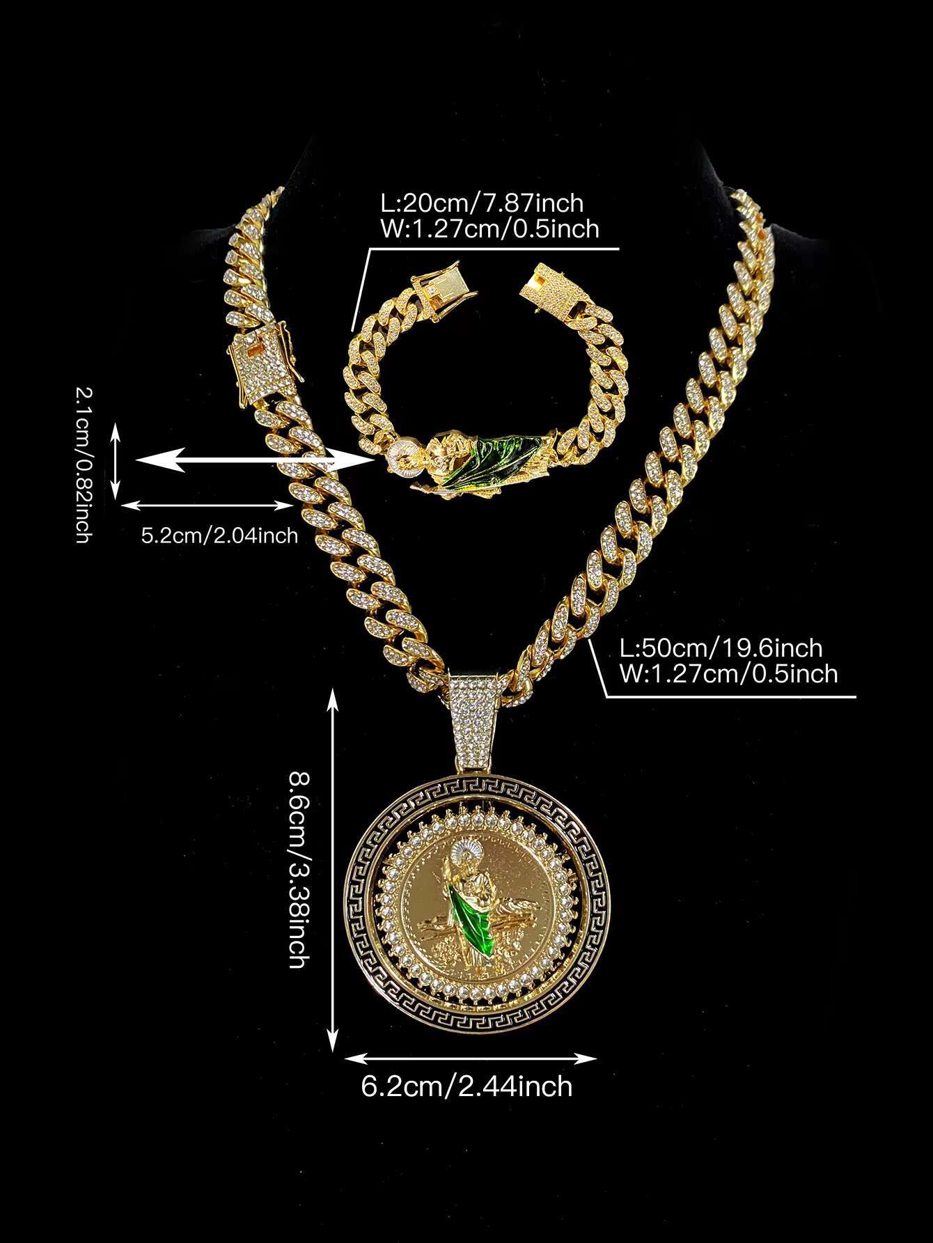 Hip Hop Cuban Link Chain Necklace with Saint Jude Pendant and Bracelet Fashion Rotatable Jewelry Set Party and Daily Decor