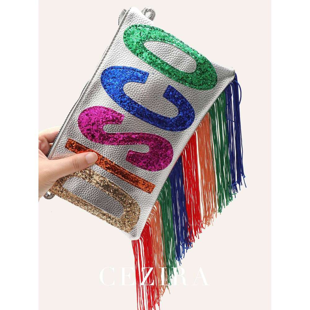 CR Metallic PU Leather Clutch Bag For Women Fashion Sequined Letters Colorful Fringe Square Long Chain Cross Body Handbag