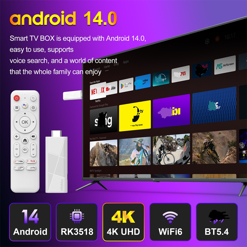 H96 MAX RK3518 Mini TV Stick Android14 Quad Core Wifi6 BT5.4 4K 60fps ATV Launcher BT Voice Media Player TV Stick