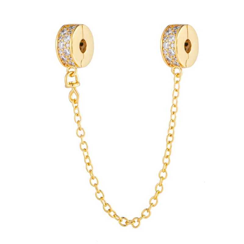 New Gold Safety Chain Sparkling Clip Daisy Castle Charm Beads Fit Original European 925 Silver Bracelet DIY Women Jewelry Gifts XJ250607