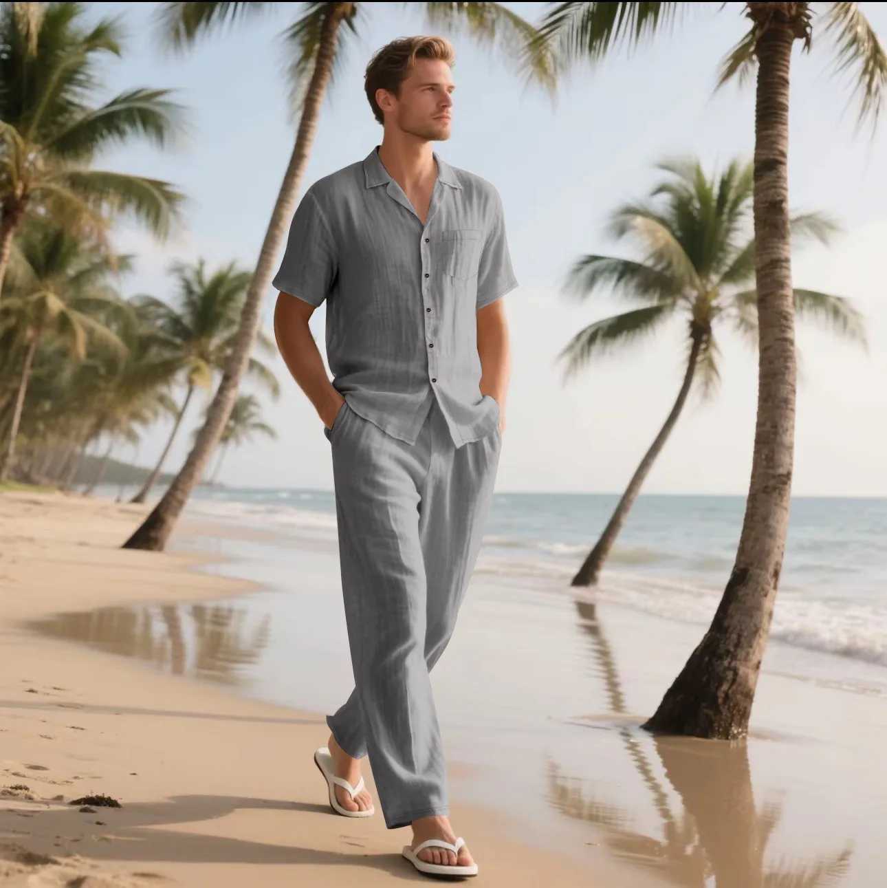 2025 Summer Beach Mens Linen Short-Sleeved Shirt Set is a Two-Piece Long Pants Set Suitable for Daily Casual Beach Vacations W250609