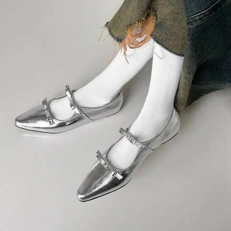 ddmyoutdoor Fashion Bow Mary Jane For Women Thick Heels Round Toe Soft Sole Single Shoes Woman Sier Leather Flats Plus Size Outdoor Outdoor Shoes