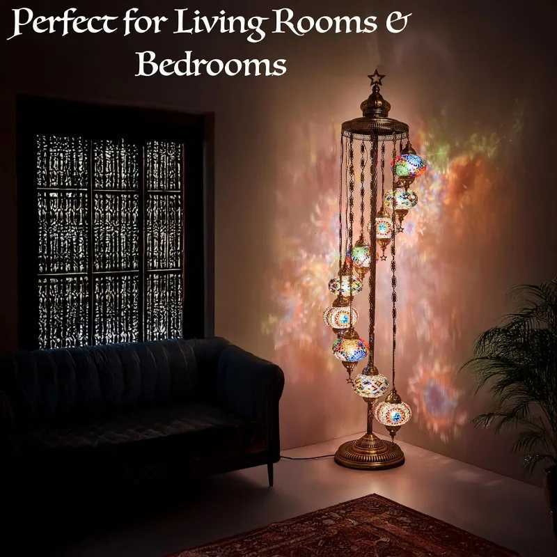 9-Globe Turkish Moroccan Mosaic Floor Lamp - 70 Tall Handmade Bohemian Tiffany-Style Lighting for Bedroom Living Room W250607