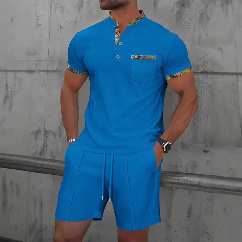 Mens Light Luxury Polo Shirt Set Summer Mens Stand up Collar Button Pocket Waffle Short Sleeve T-shirt Sports Trend Mens Suit W250609