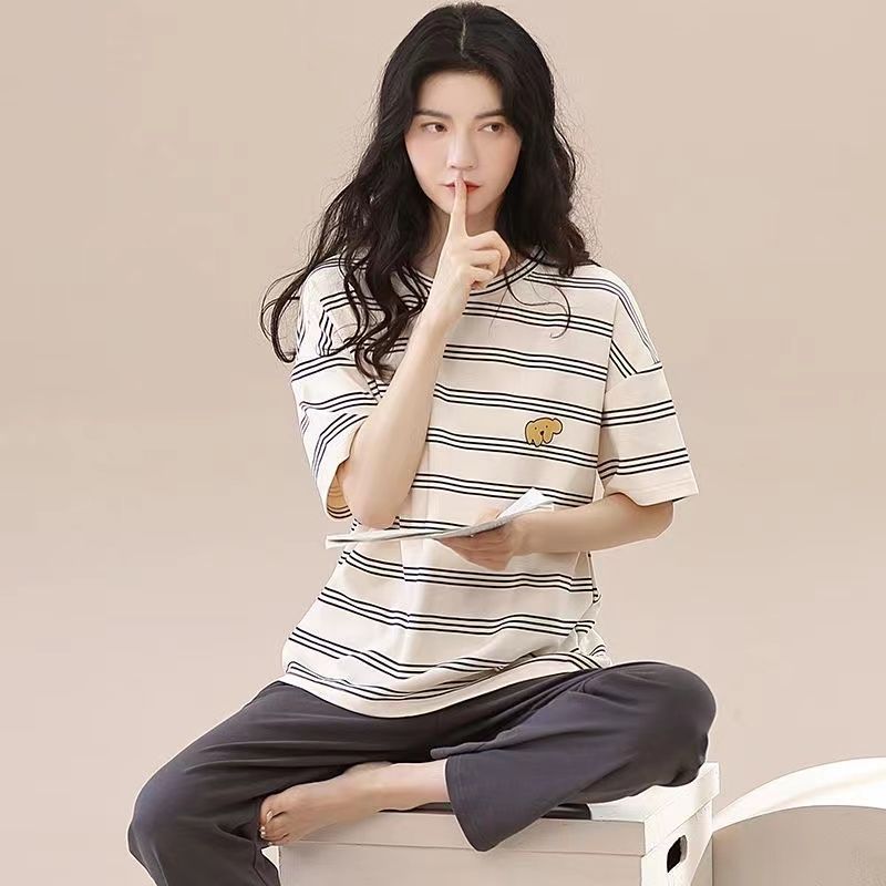B960-Pajamas women summer thin solid color Korean style new short-sleeved shorts home clothes can be worn outside loose pajamas two-piece set