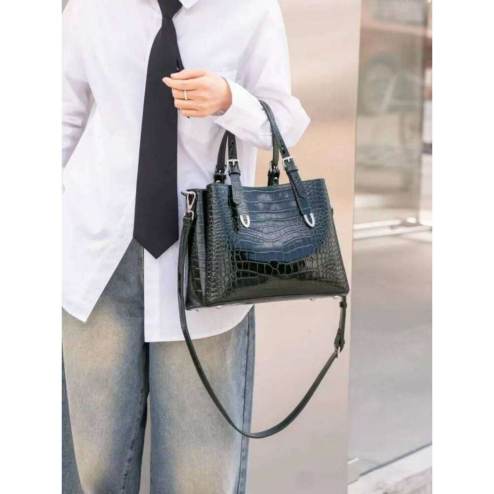 Retro New Women Office Bucket High Quality Genuine Leather Crocodile Pattern Handbag Ladies Satchels Shoulder Bag Casual Totes