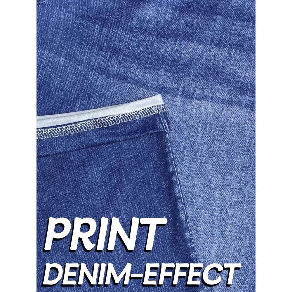 Plus Size Women's Loose Wide-leg Imitation Denim Print Fashion High Elastic Casual Comfortable Retro Straight Pants