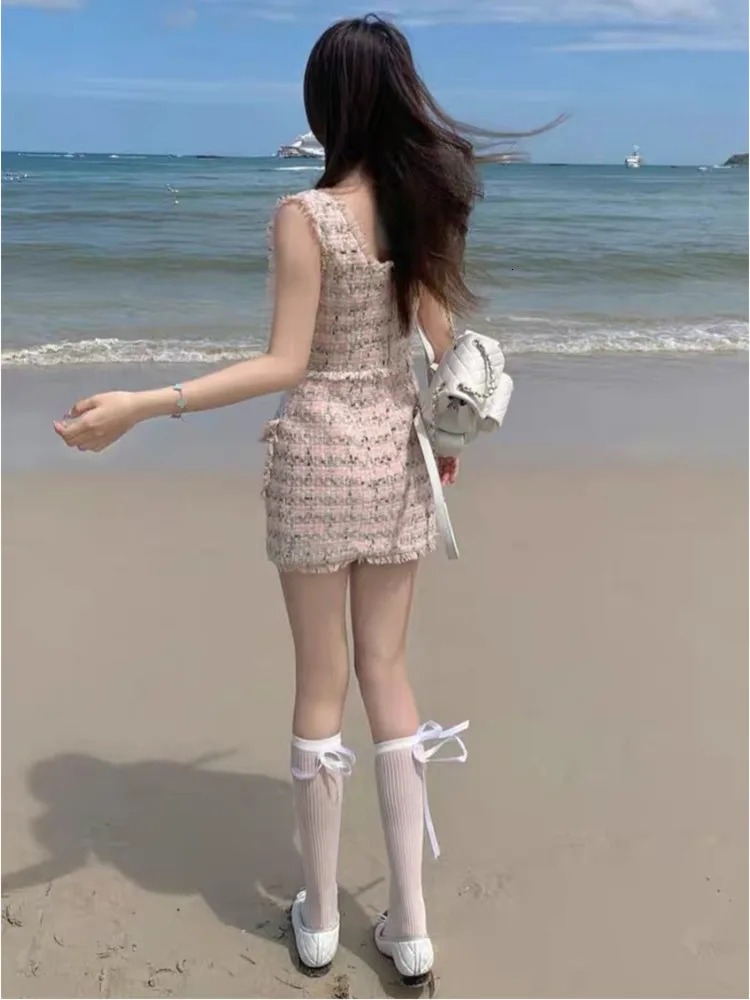 French Small Fragrance Sleeveless Dress Womens Summer Plaid Tassels Slim High-grade Skirt Chic O Neck Tweed Vest Dresses Female 250603