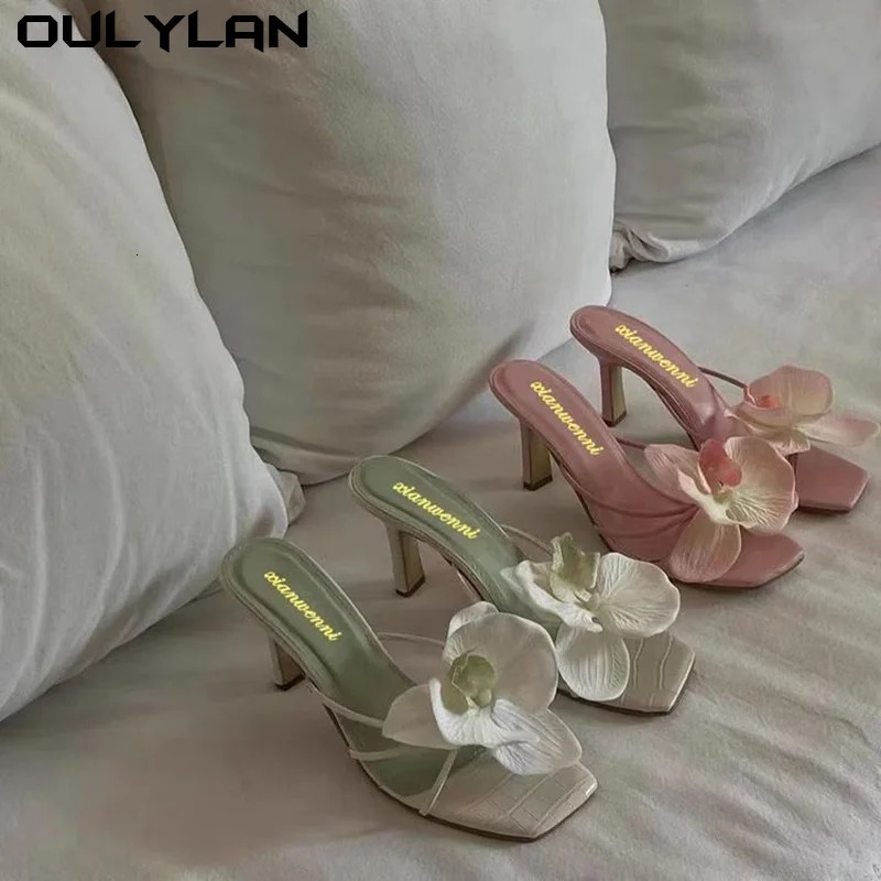 Oulylan High Heels Slippers Casual Summer Womens Shoes Womens High Heels Sandals Elegant Style Flower Toe 250605