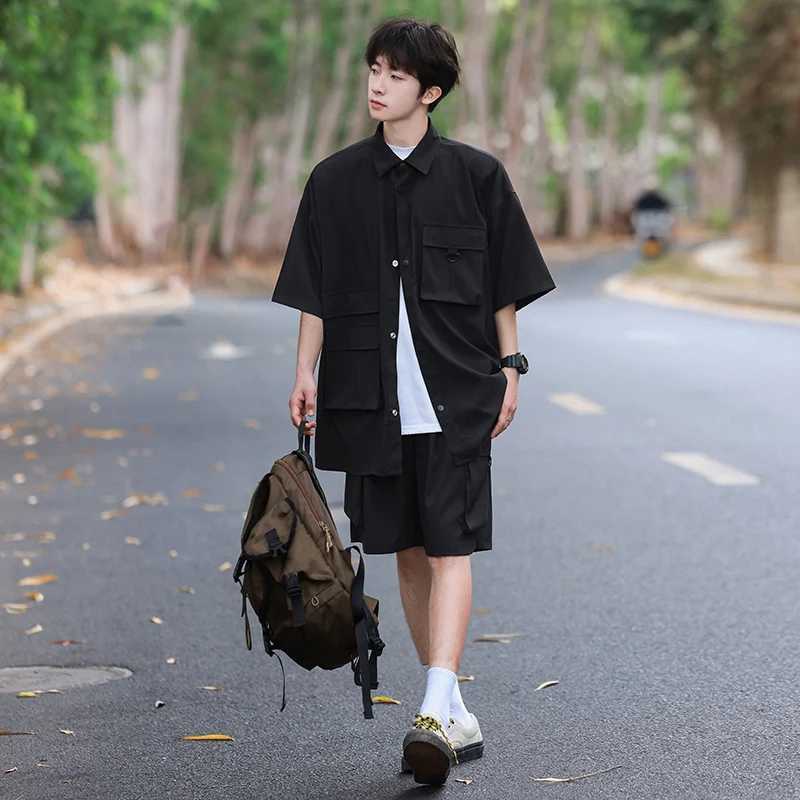 Summer Mens Shirt Set Casual Suit Cargo Short Sleeved Shirts Shorts Male Breathable Loose High Street Multiple Pockets 5XL W250609