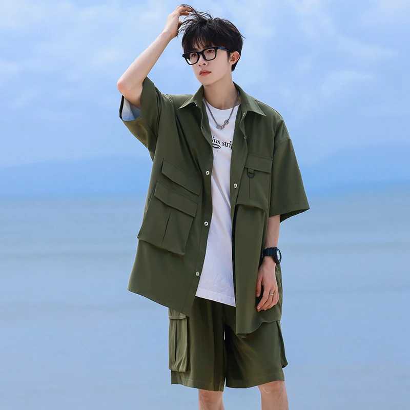 Summer Mens Shirt Set Casual Suit Cargo Short Sleeved Shirts Shorts Male Breathable Loose High Street Multiple Pockets 5XL W250609