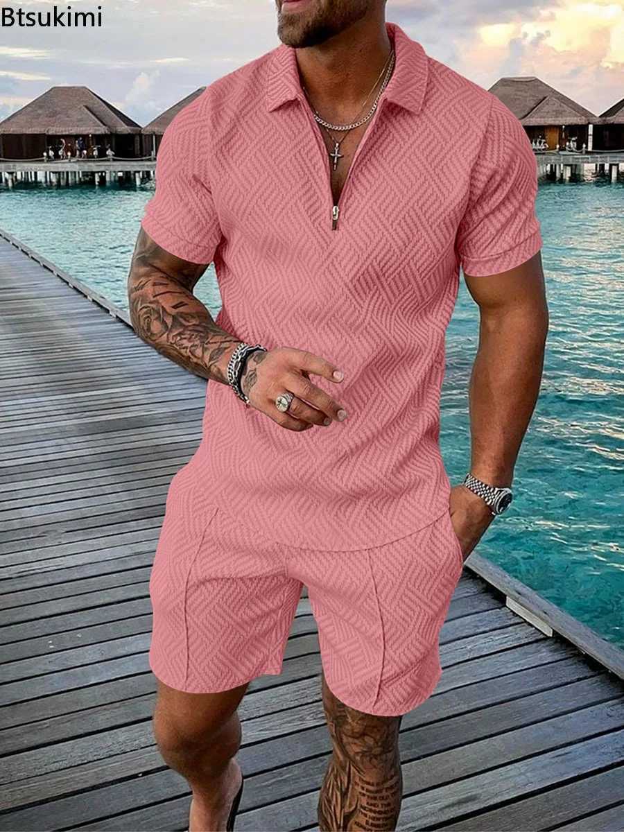 Plus Size 4XL 5XL Mens Casual Shorts Sets Summer Wear Polo Shirts +Shorts Zipper Front Sportswear Men Tracksuit Mens Clothing W250609