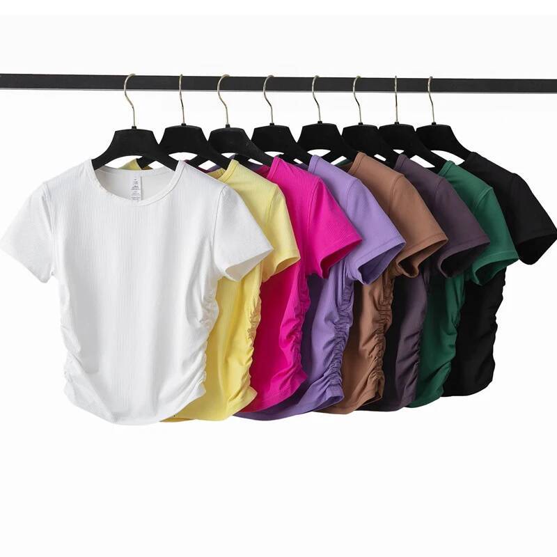 Women Short Sleeve Yoga T-Shirt Solid Color Slim Fit Ribbed Gym Top Breathable Quick Dry Running Sportswear Workout Clothes