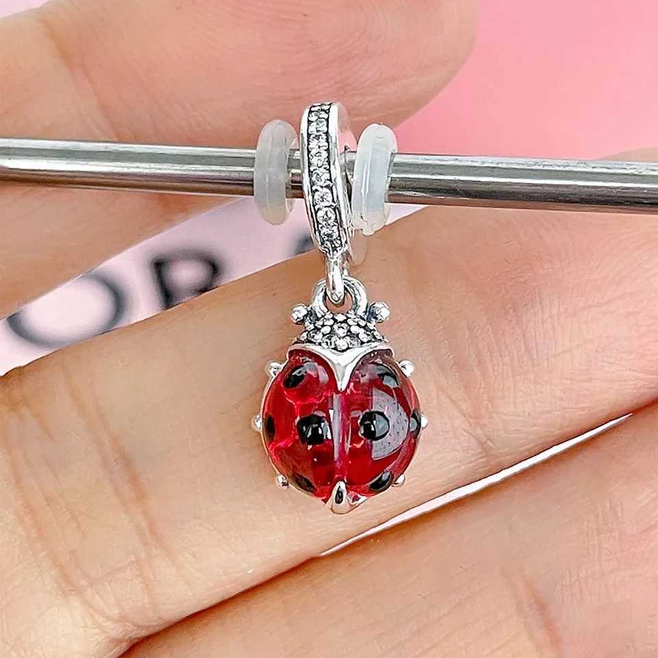 Authentic 925 Silver Red Labird Murano Glass Dangle Charm Fit Original Pan Bracelet DIY Girls Fine Jewelry Gift XJ250607