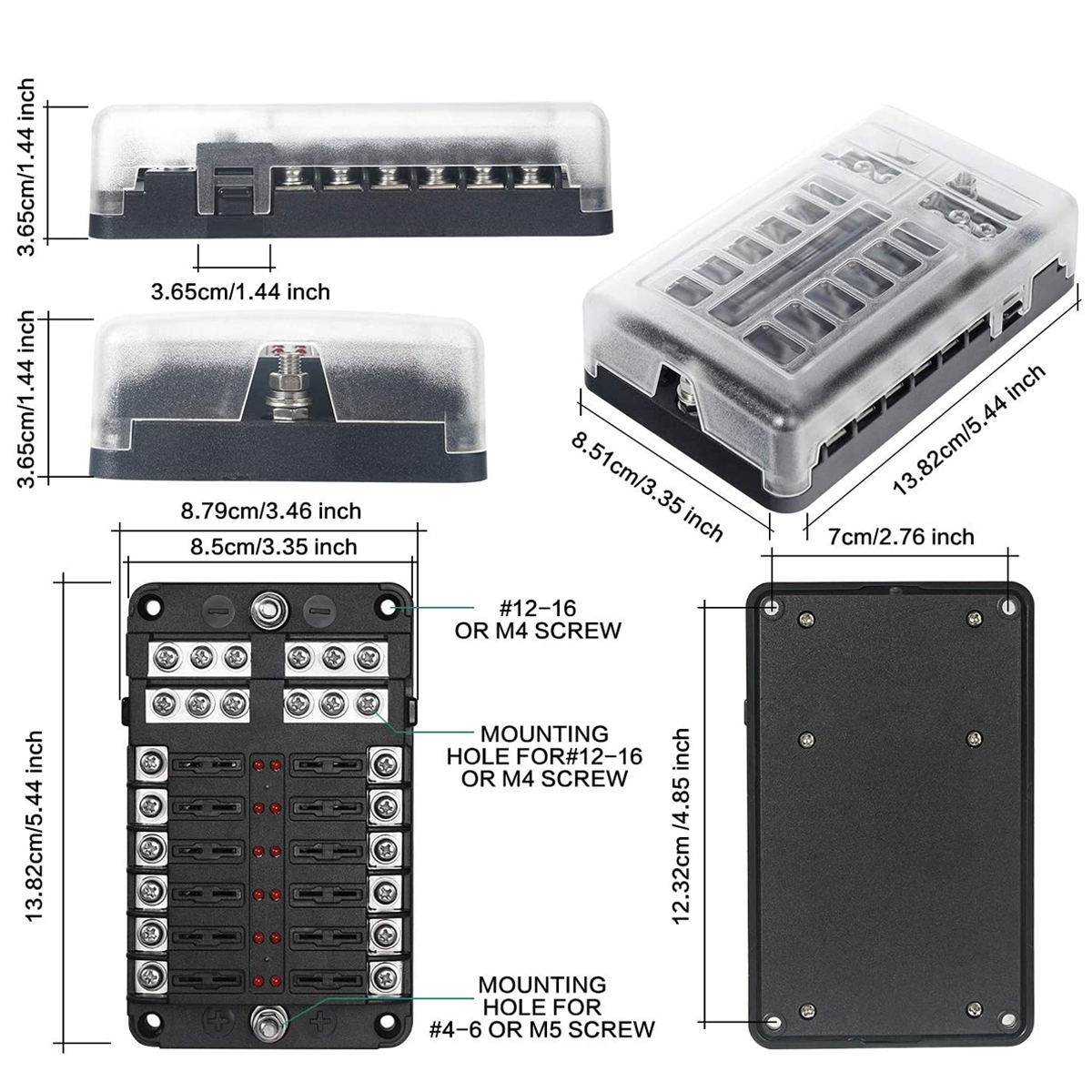 6-way and 12 way fuse holders with fuses, waterproof covers, and LED indicator lights, suitable for 12V/24V cars, trucks, ships, etc