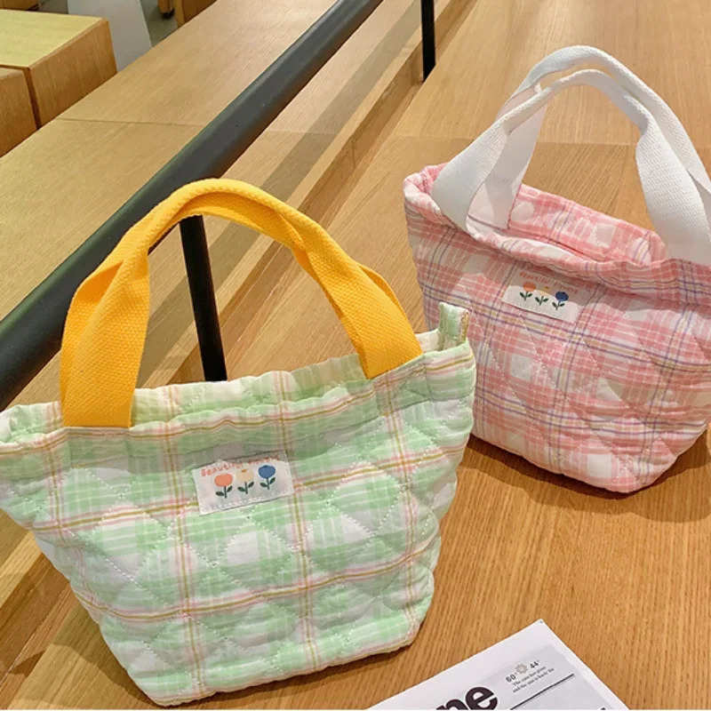 Plaid Lunch Bag Women Thermal Big Capacity Drawstring Lunch Box Tote Food Bags Office Worker Portable Insulated Food Storage Bag 250606