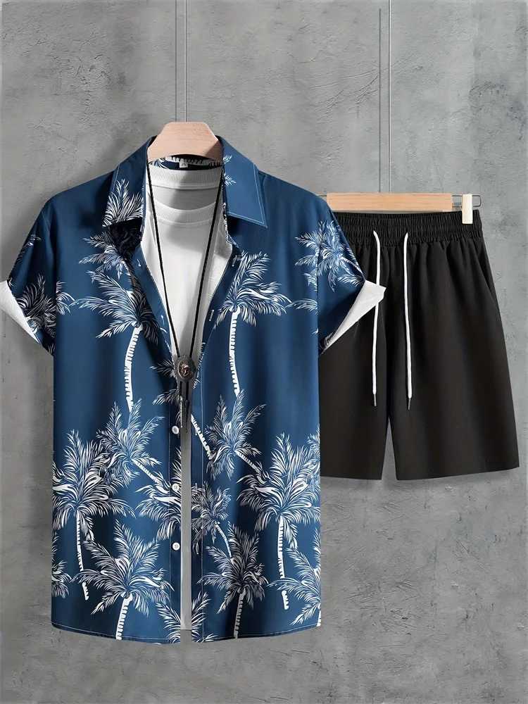 2025 Summer Mens Short-sleeved Shirt Set With Palm Tree Print Hawaiian Beach Vacation Style Mens Shirt Set W250609