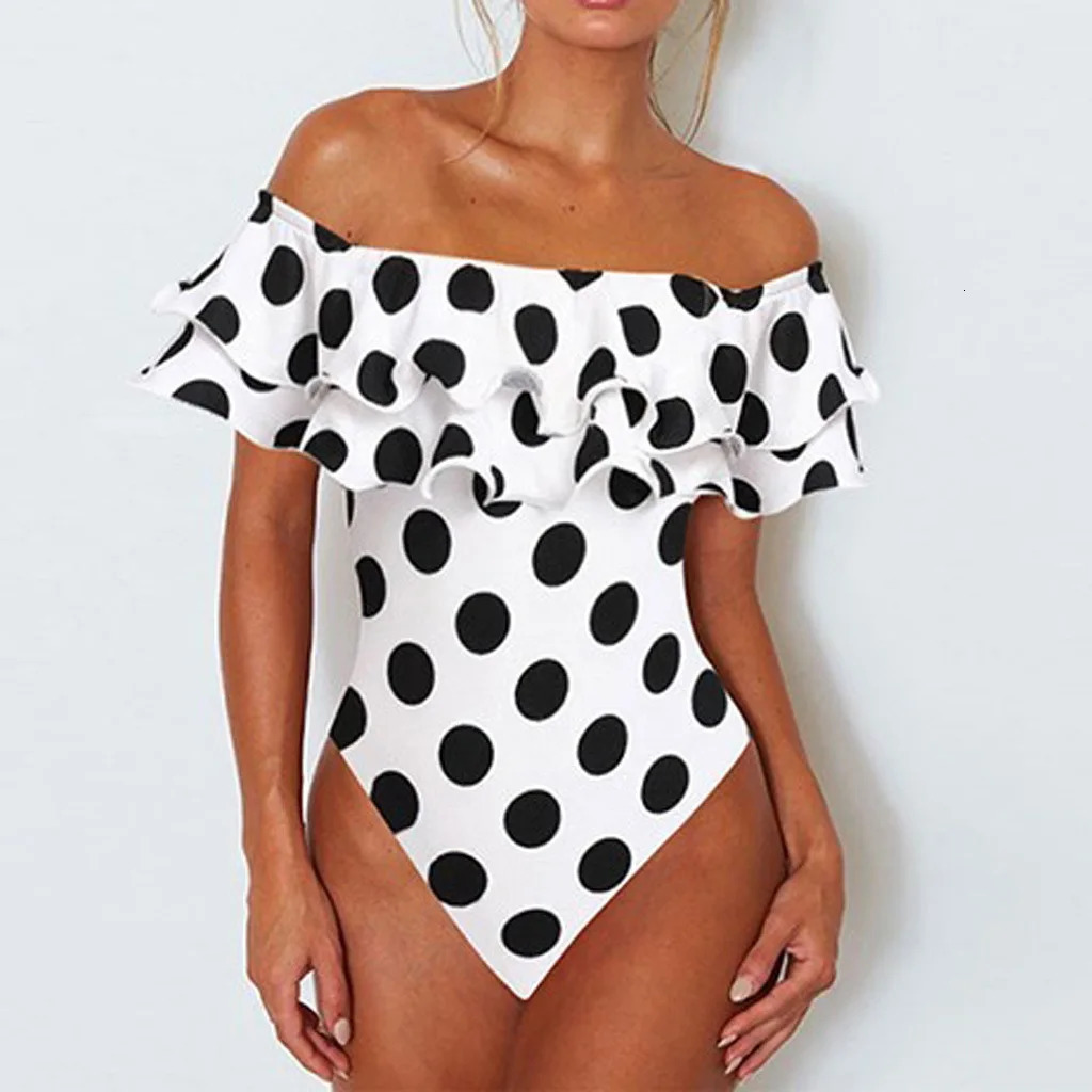 Black and White Polka Dot Ruffled OnePiece Swimsuits Sexy Push Up Bathing Suit Bodysuit Girl Beach Backless Swimwear Monokini 250530