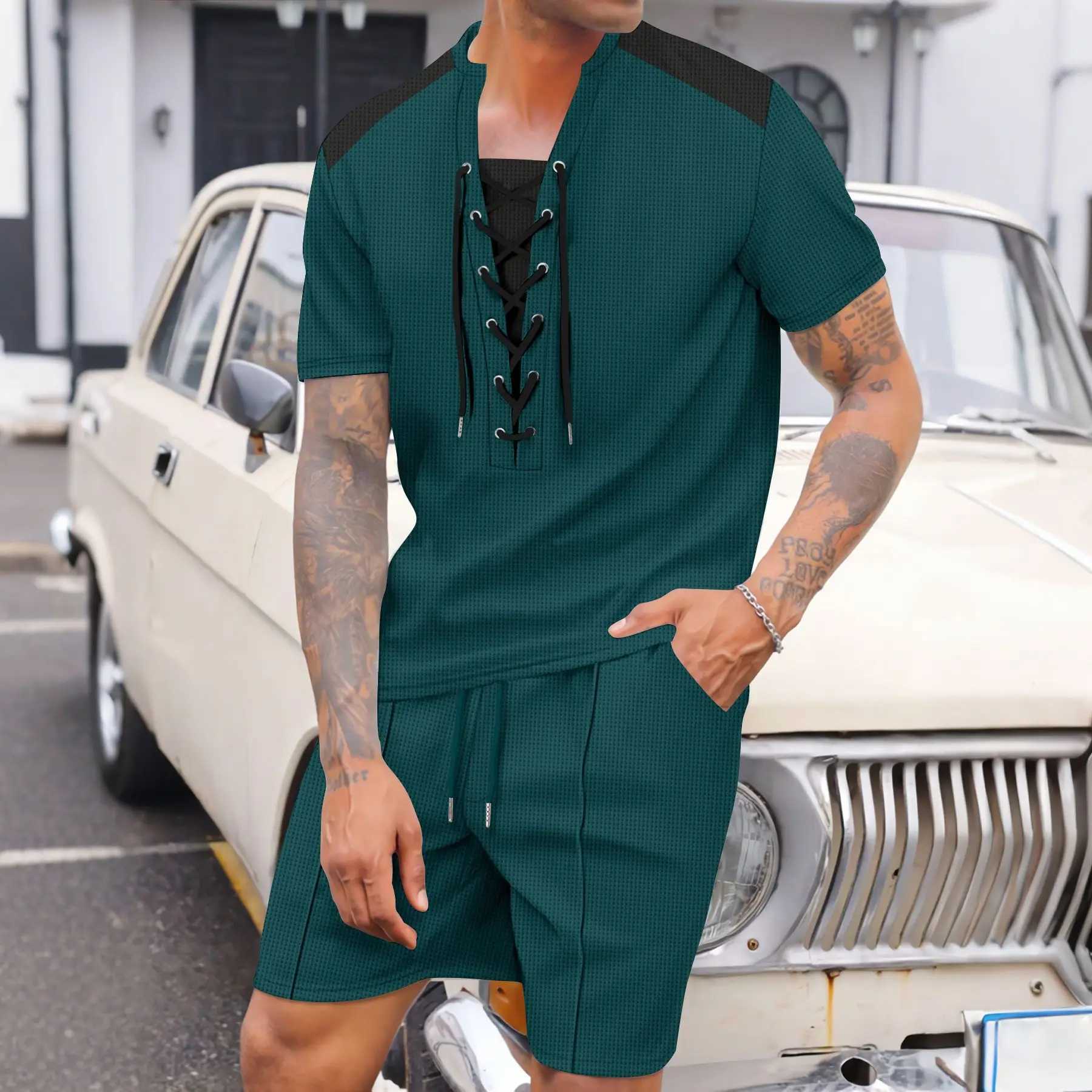 2025 Summer Mens New Leisure Fashion City Wear Rope Round Neck T Trend Waffle Short-Sleeved Shorts Two-Piece Suit W250609