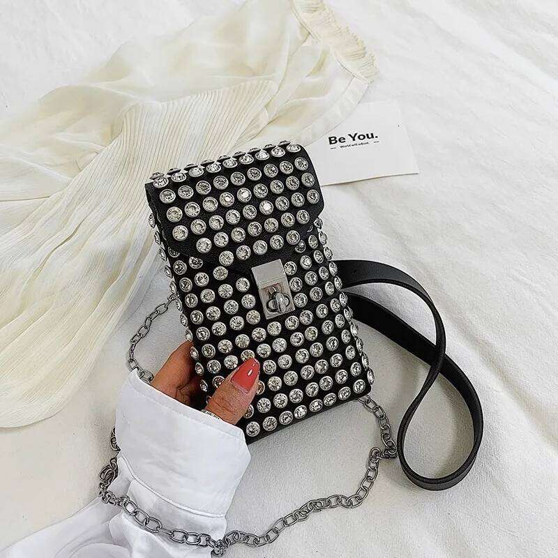 Full Rhinestone Women Phone Bags Detachable PU Leather Waist Belt Shoe Chain Crossbody Shoulder Bag Pack