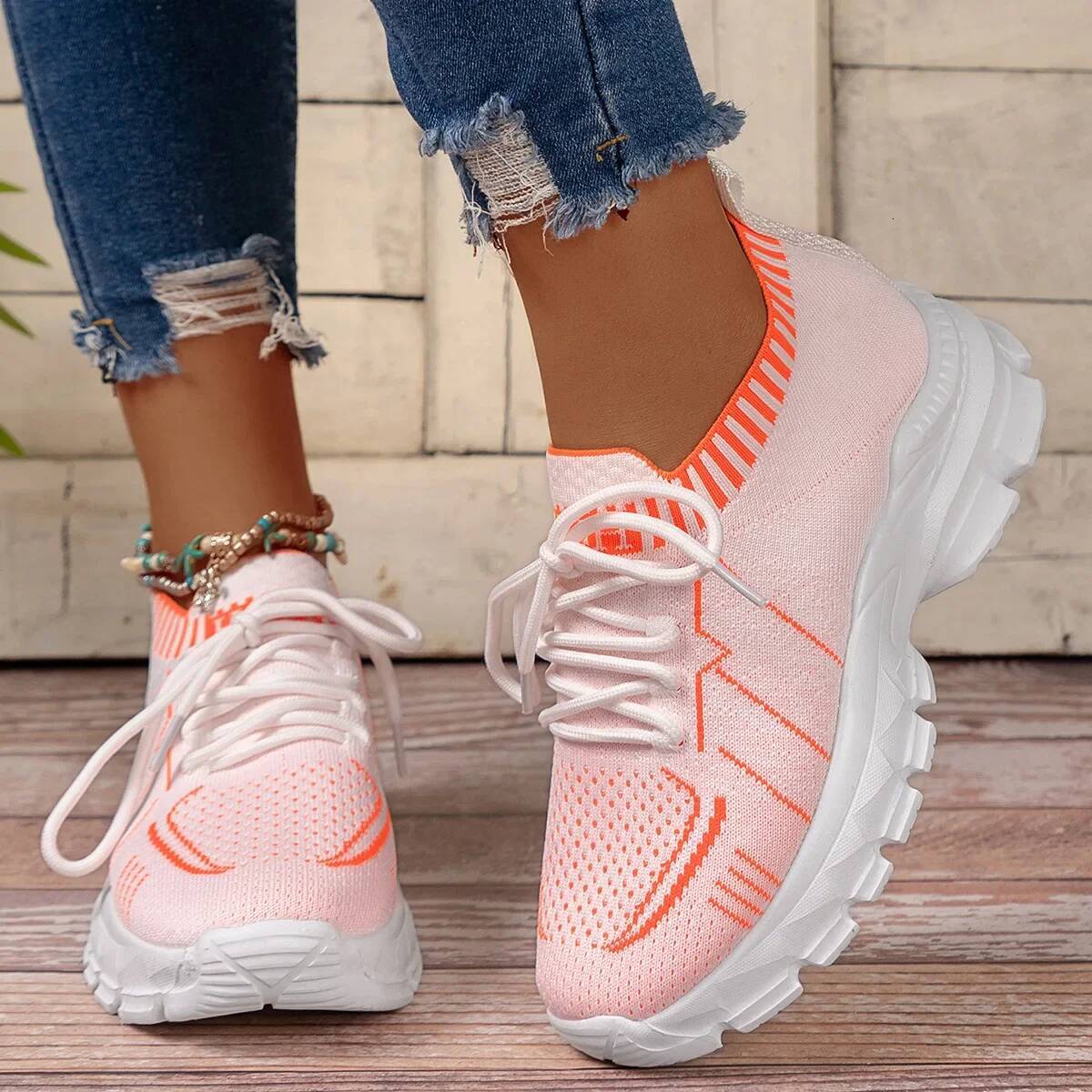 ddmyoutdoor Sneakers Women Mesh Elastic Fly Knit Thick Soft Sole Shoes Ladies Casual Breathable Lace Up Sports Zapatos De Mujer Summer Outdoor Outdoor