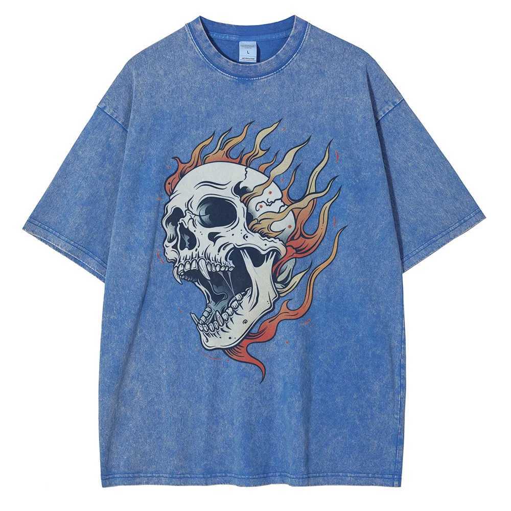 Flame Skull Graphic T Shirts Heavyweight Pure Cotton Distressed Washed T Shirt Drop Shoulder Retro Oversized Mens Tops W250607