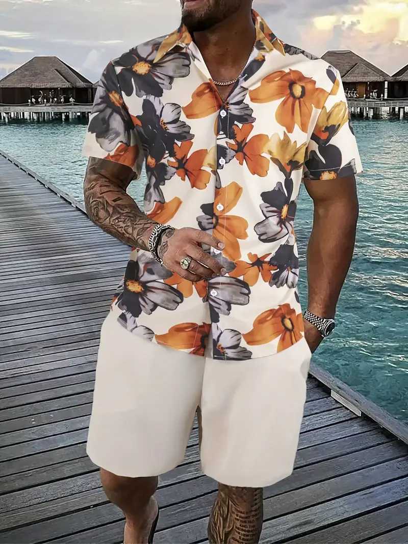 Men Shirt Sets 3D Printed Retro Floral Short Sleeve Casual Oversized Beach Shorts Summer Streetwear Hawaiian Suits Clothing W250609
