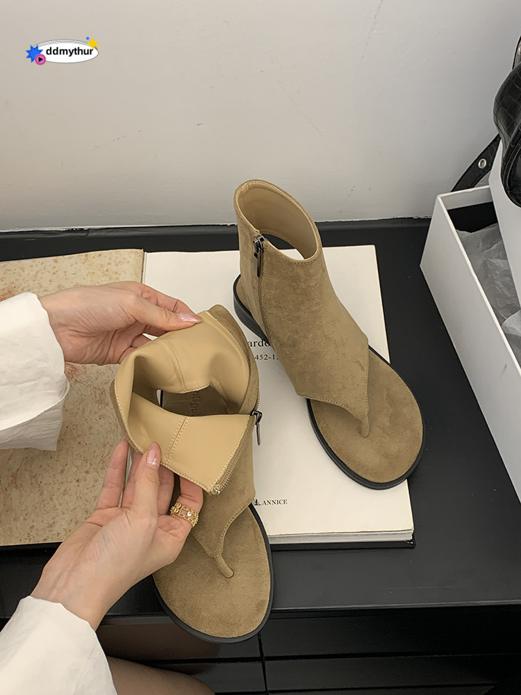 French Style Toe Post for Women 2025 Summer New Genuine Leather Sandals Booties Slip-On Short Boots Flat Flip-Flops Trendy ddmythur