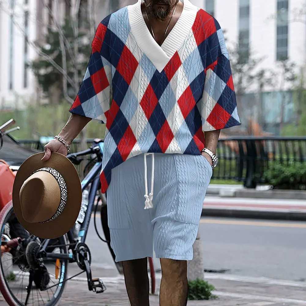 High Quality Mens Set 2024 Summer New Cool 3D Printed Mens Clothing V-neck Short-sleeved T-shirt And Shorts Two-piece set W250609