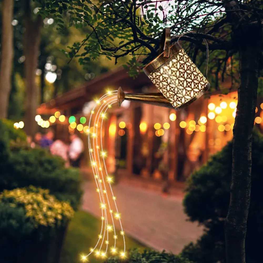 Solar Lanterns Watering Can Outdoor Watering Can Water Lawn Light 36LED Kettle String Light Iron Retro Garden Landscape Lights XJ250606