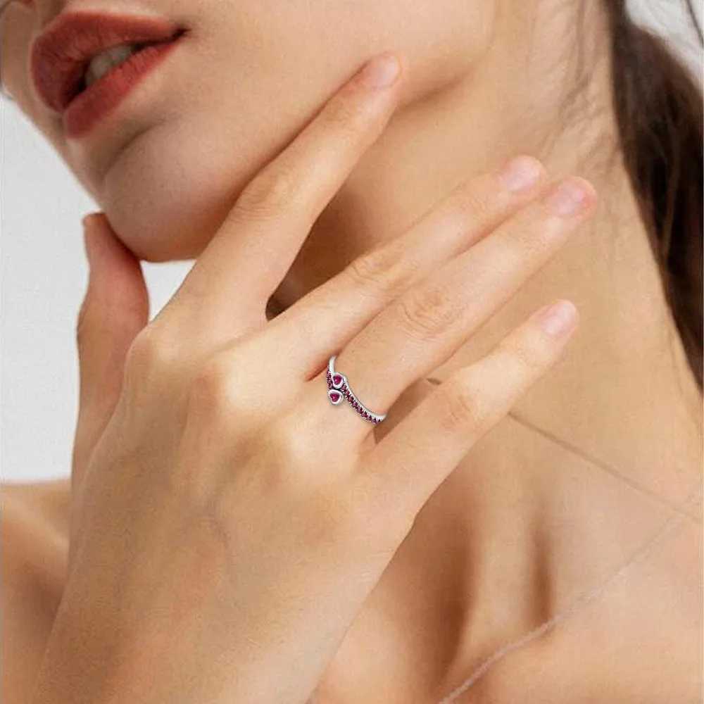 New 925 Silver Ring Zircon Shining Red Double Love Ring Original S925 Finger Wedding Ring DIY Women Fine Jewelry Gift XJ250606