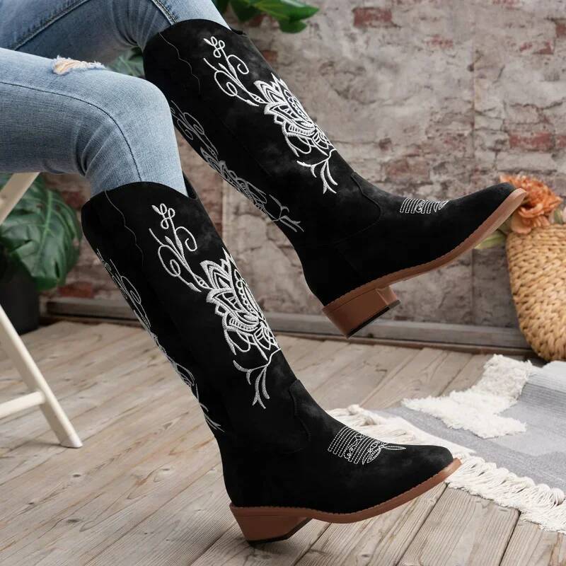 Ddmyoutdoor Retro Embroidery Low Heels Western For Women Autumn Pointed Toe Cowboy Woman Black Suede Knight Boots Plus Size Outdoor Shoes