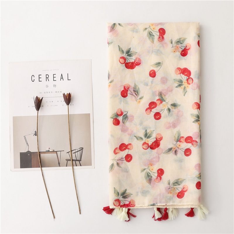 K949 2024 new spring and summer small fresh sweet style cartoon cherry cotton and linen scarf Bali yarn thin silk scarf shawl female