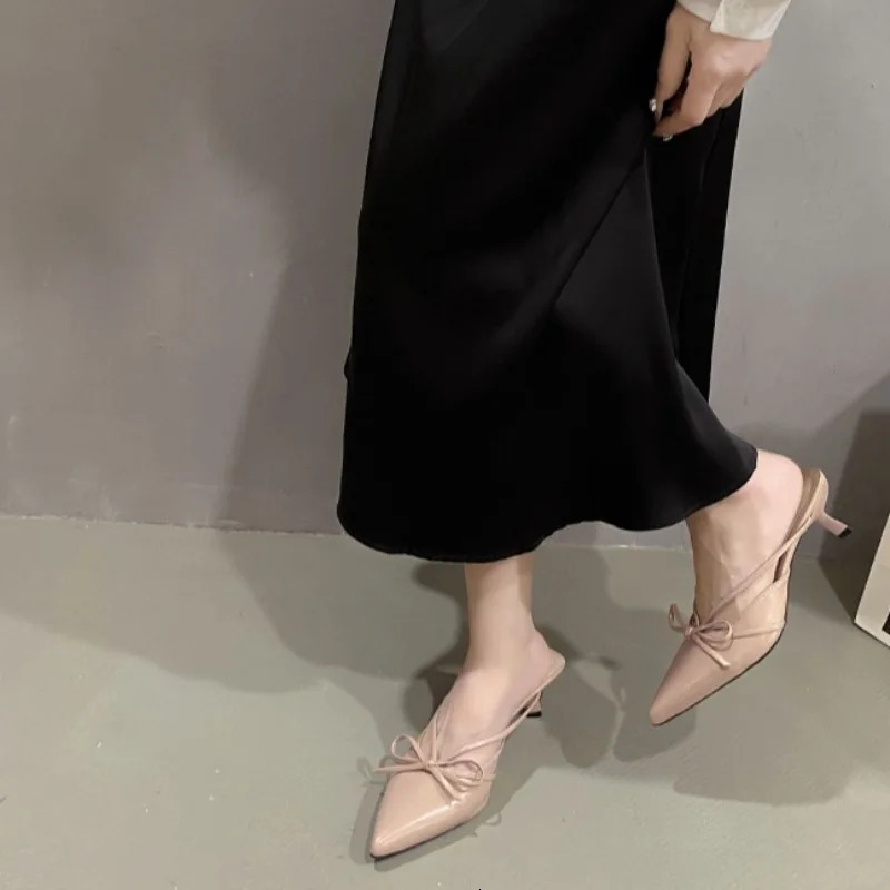 Pointed Bow High-heeled Half Slippers Womens Summer Baotou Shallow Mouth Sexy Thin-heeled Sandals and Slippers 250603