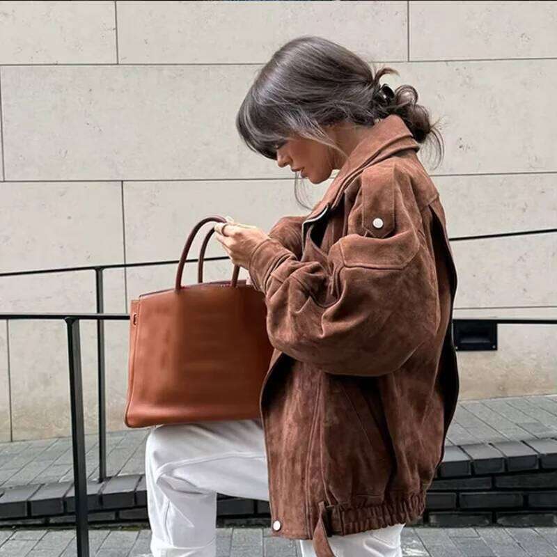 Vintage Lapel Solid Color Zipper Short Jacket Fashion Women Suede Cropped Casual Long Sleeve Coat Woman New Commuter Outerwears