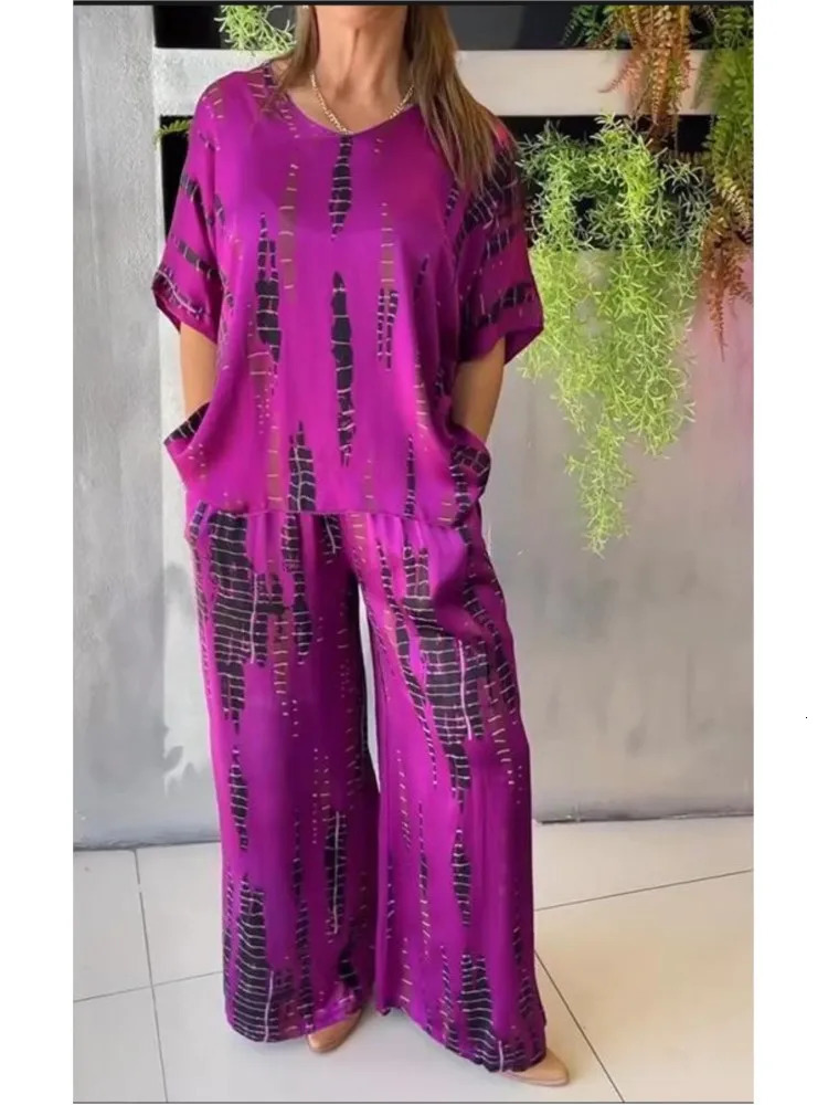 Summer Casual Vintage Printed V-neck Short Sleeve top Wide Leg Pants Suit Women Fashion Two Piece Set Comfortable Outfits 250605