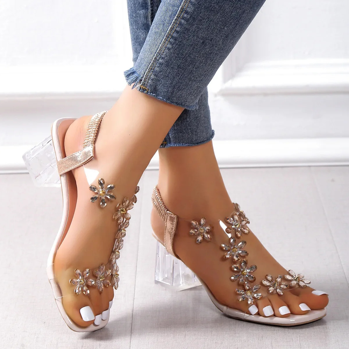 Women;s Sandals Pvc Crystal Flower Shoes for Women Decoration Chunky Heel Sandals Ladies Back Strap Fashion Shoes Female2024 250605