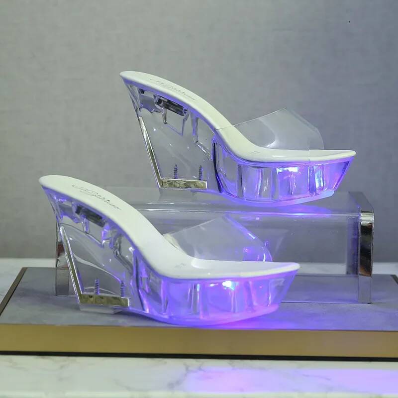 Ddmyoutdoor Ladies Trend CM Wedge High Heels Nightclub Luminous Sandals Transparent Sole Catwalk Pole Dance Shoes Women LED Light Slippers Beach outdo